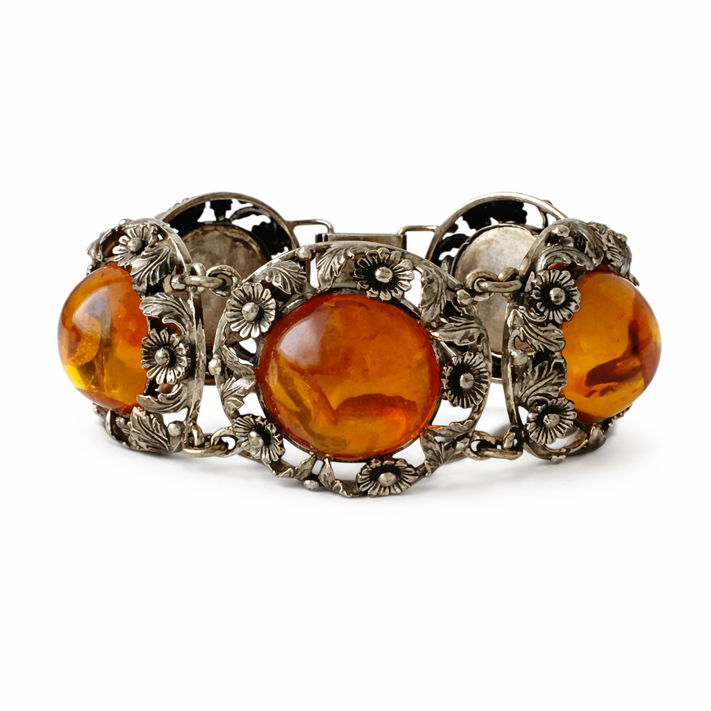 Vintage Baltic Amber Bracelet, Sterling Silver, Danish Modernist, Niels Erik From