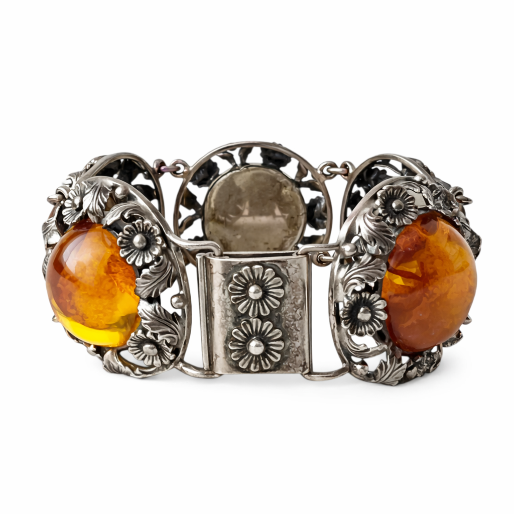 Vintage Baltic Amber Bracelet, Sterling Silver, Danish Modernist, Niels Erik From