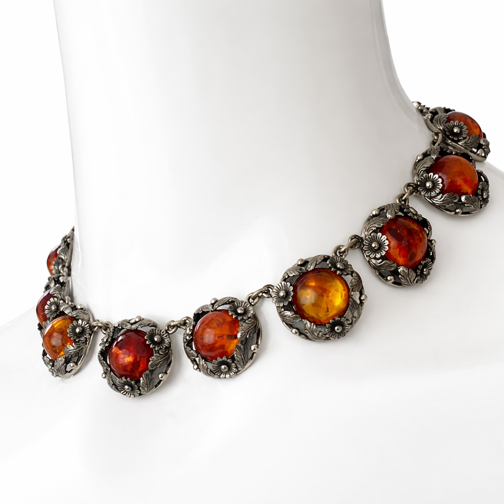 Vintage Baltic Amber Necklace, Sterling Silver, Danish Modernist, Niels Erik From