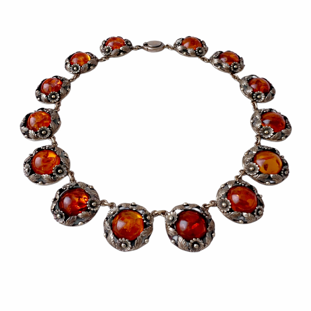 Vintage Baltic Amber Necklace, Sterling Silver, Danish Modernist, Niels Erik From