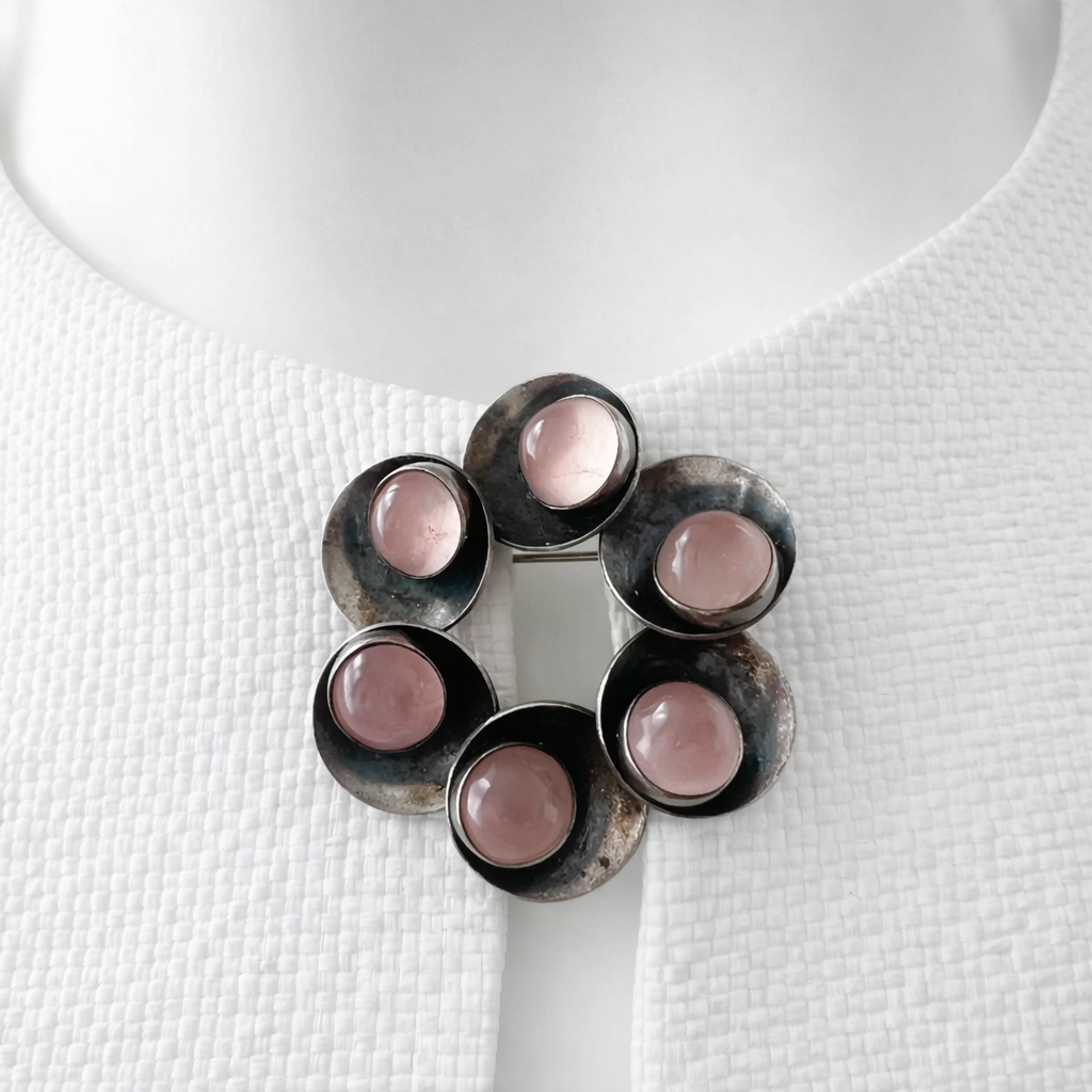 Vintage Sterling Silver Brooch, Danish Modernist Rose Quartz, Niels Erik From