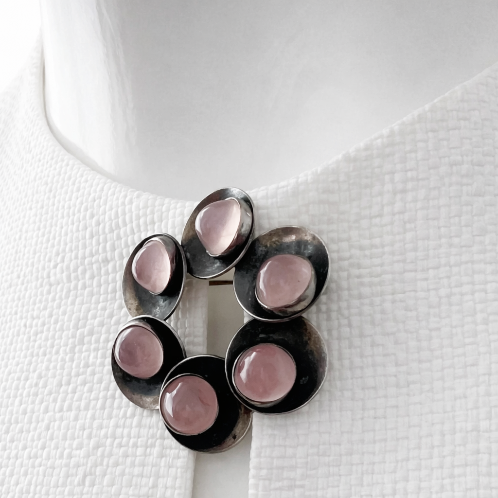 Vintage Sterling Silver Brooch, Danish Modernist Rose Quartz, Niels Erik From