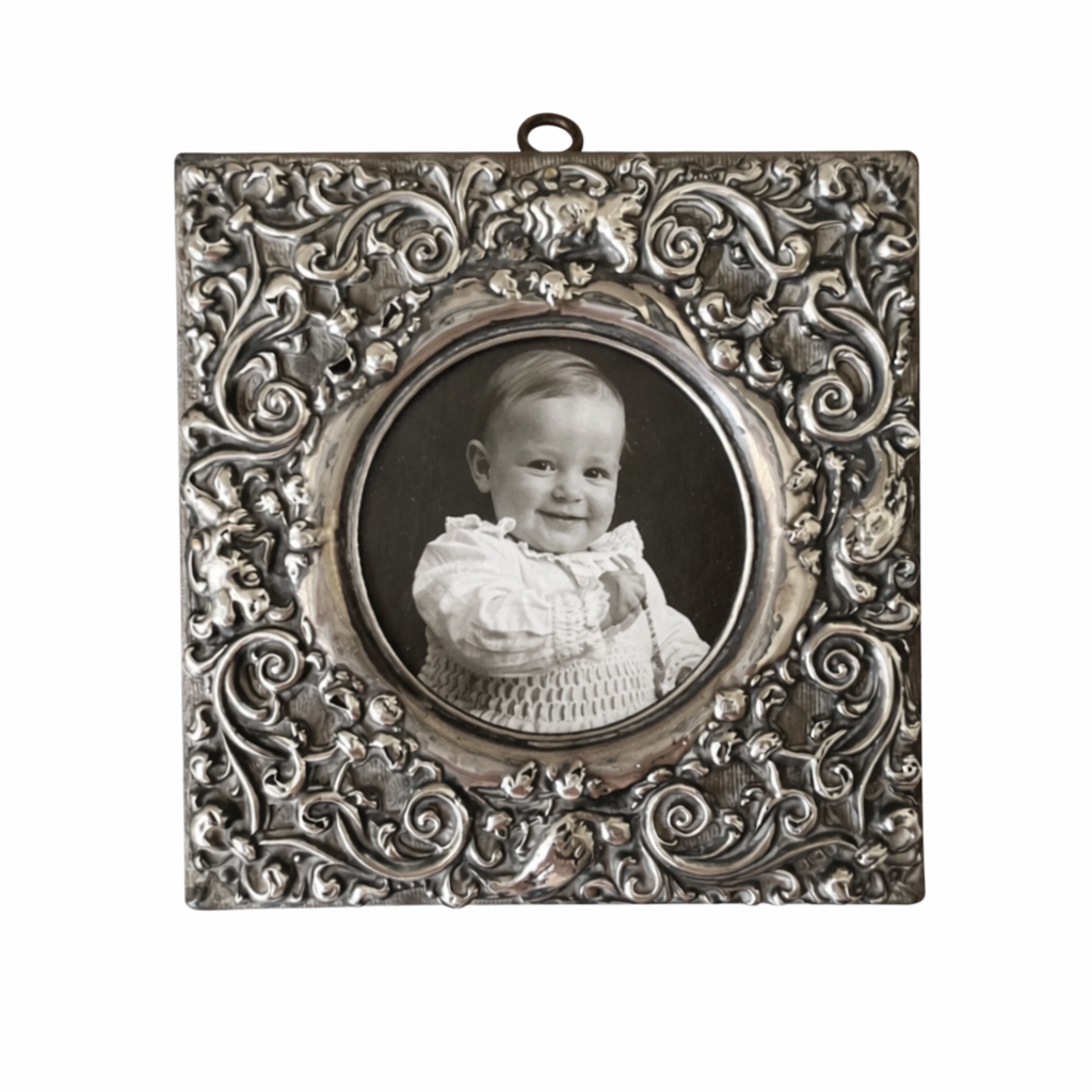 Antique Sterling Silver  Photo Holder, Edwardian Repoussé Floral Wall Decor