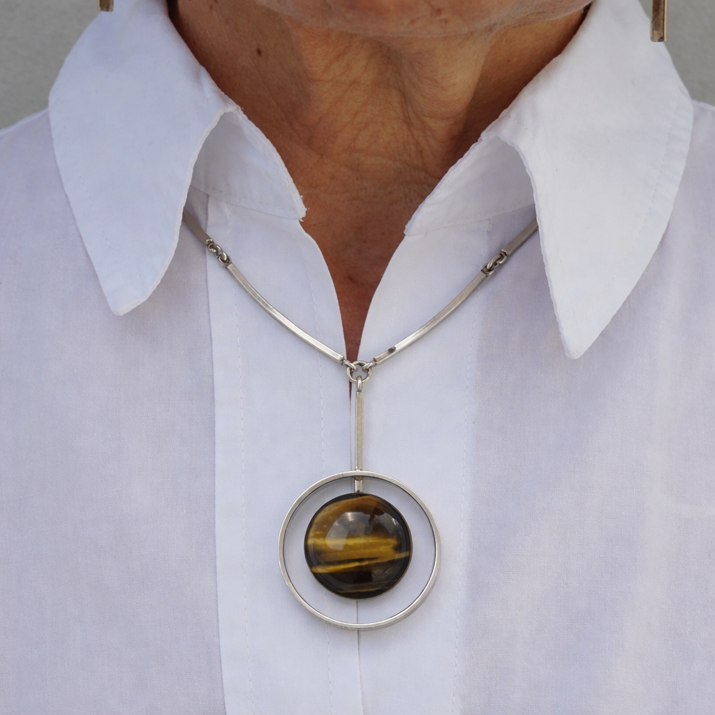 Niels Erik From Tiger Eye Sterling Silver Necklace Modernist Scandinavian Pendant