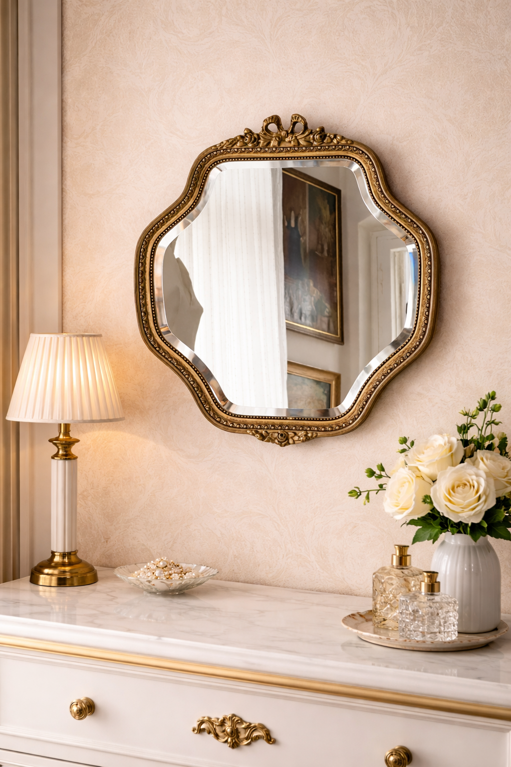 Vintage Louis XVI Style Wall Mirror, Belgian Gilt Wood And Stucco Beveled Mirror