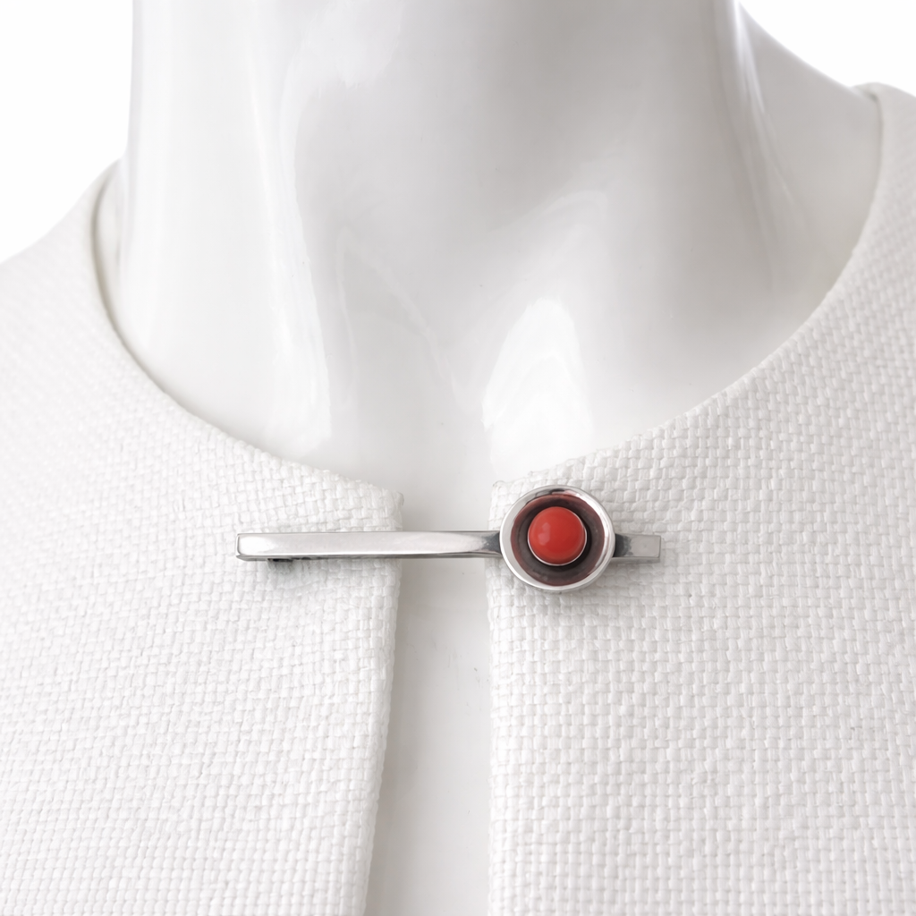 Art Deco Coral Brooch, 835 Silver Bar Brooch