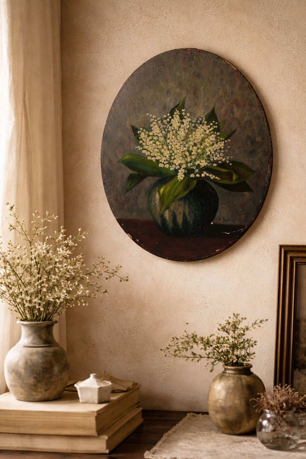 Antique Oval Oil Painting Lily of the Valley Still Life Signed