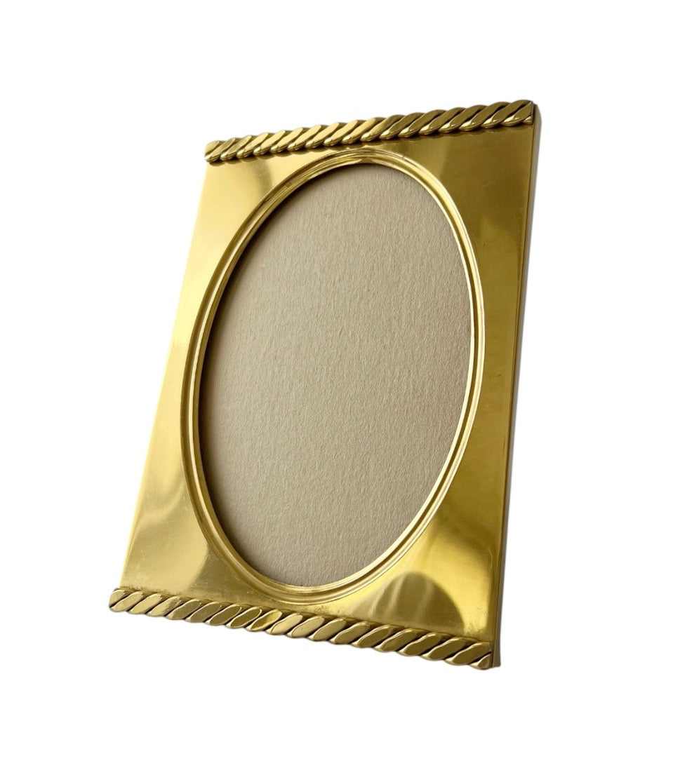 Vintage Brass Oval Photo Frame with Convex Glass, Rope Edge Standing Picture Frame