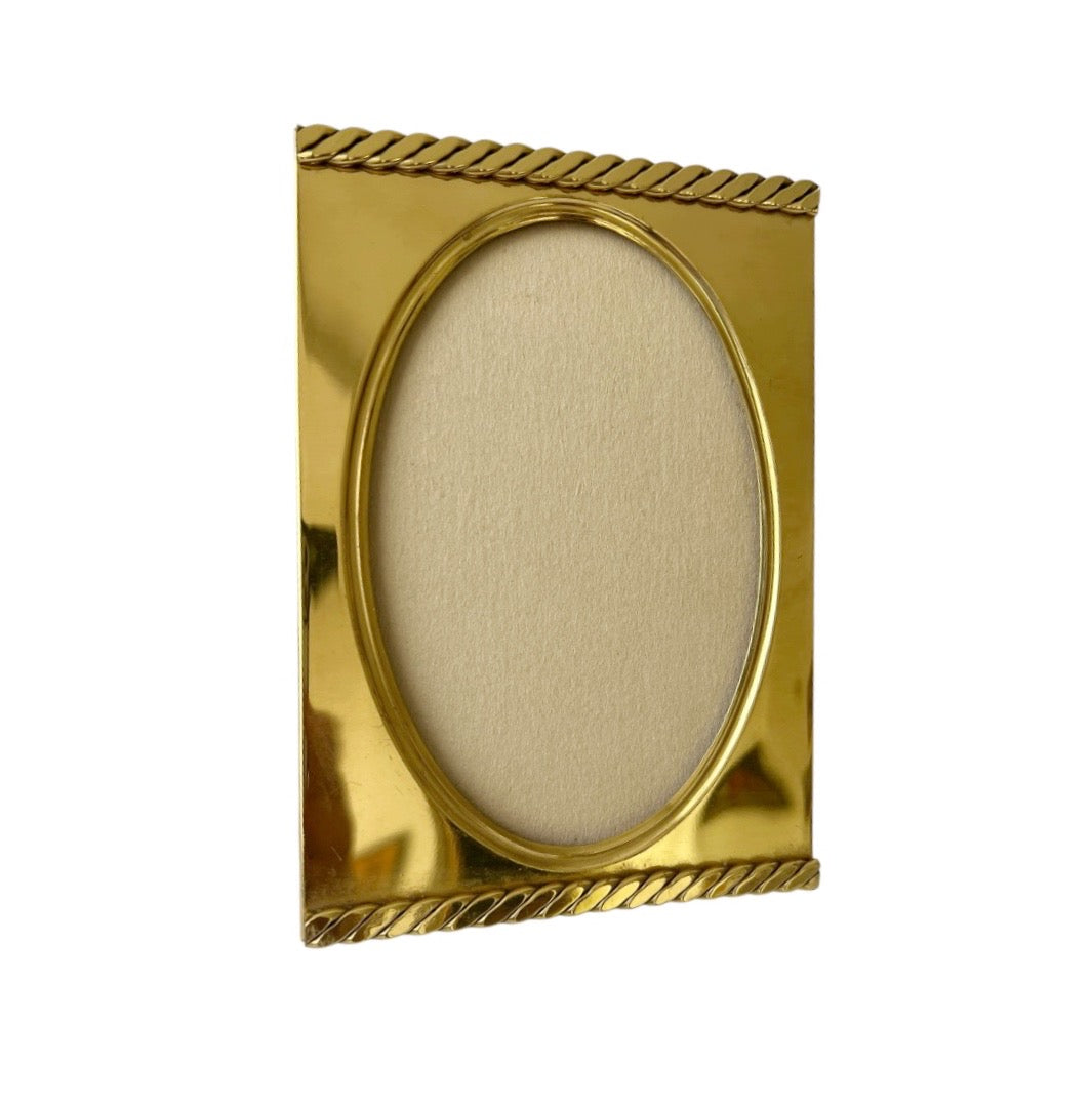Vintage Brass Oval Photo Frame with Convex Glass, Rope Edge Standing Picture Frame
