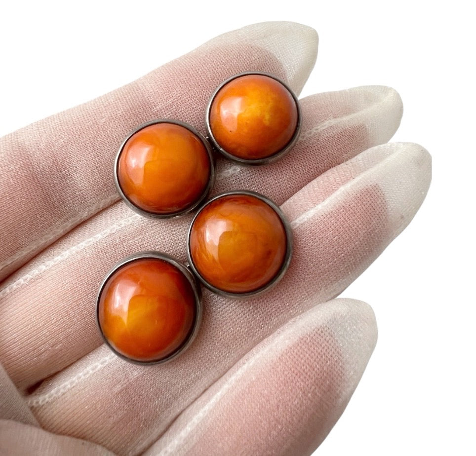 Vintage Amber Sterling Silver Cufflinks, Round Cognac Amber Cabochons