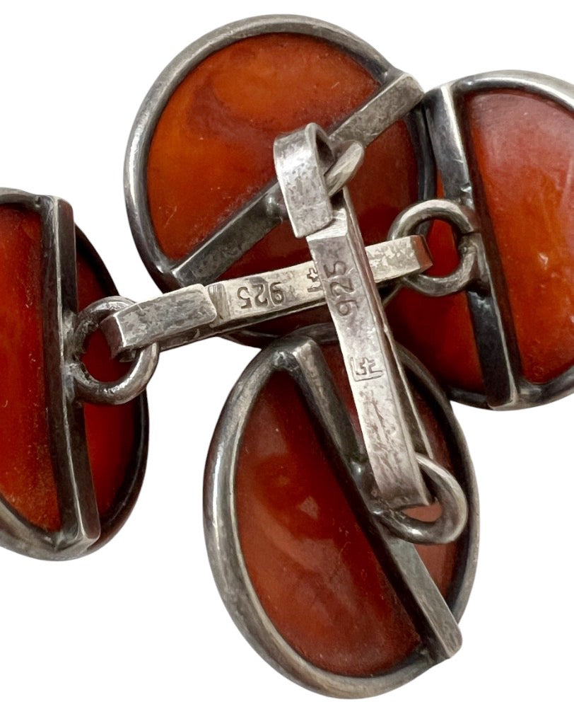 Vintage Amber Sterling Silver Cufflinks, Round Cognac Amber Cabochons