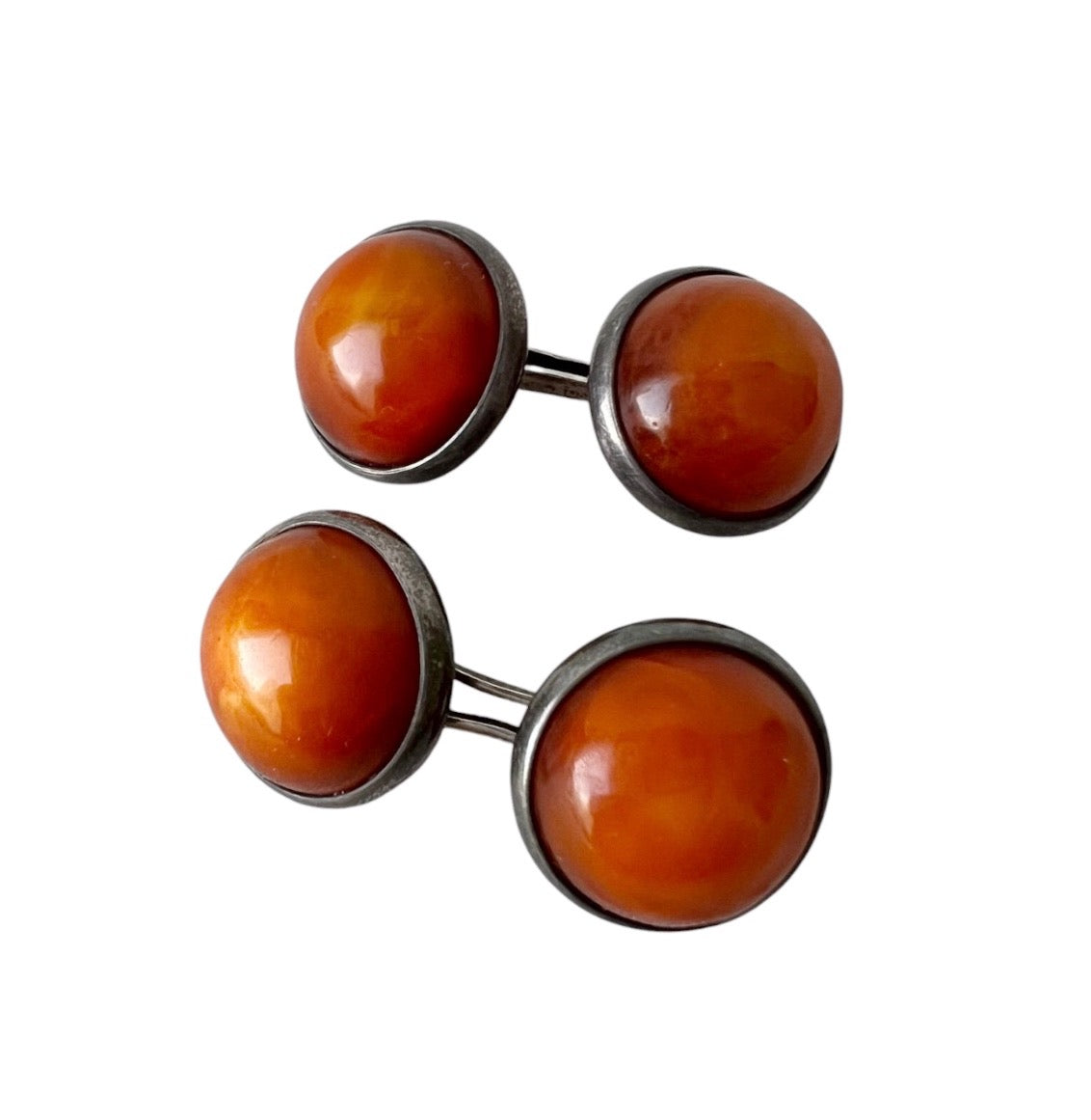 Vintage Amber Sterling Silver Cufflinks, Round Cognac Amber Cabochons