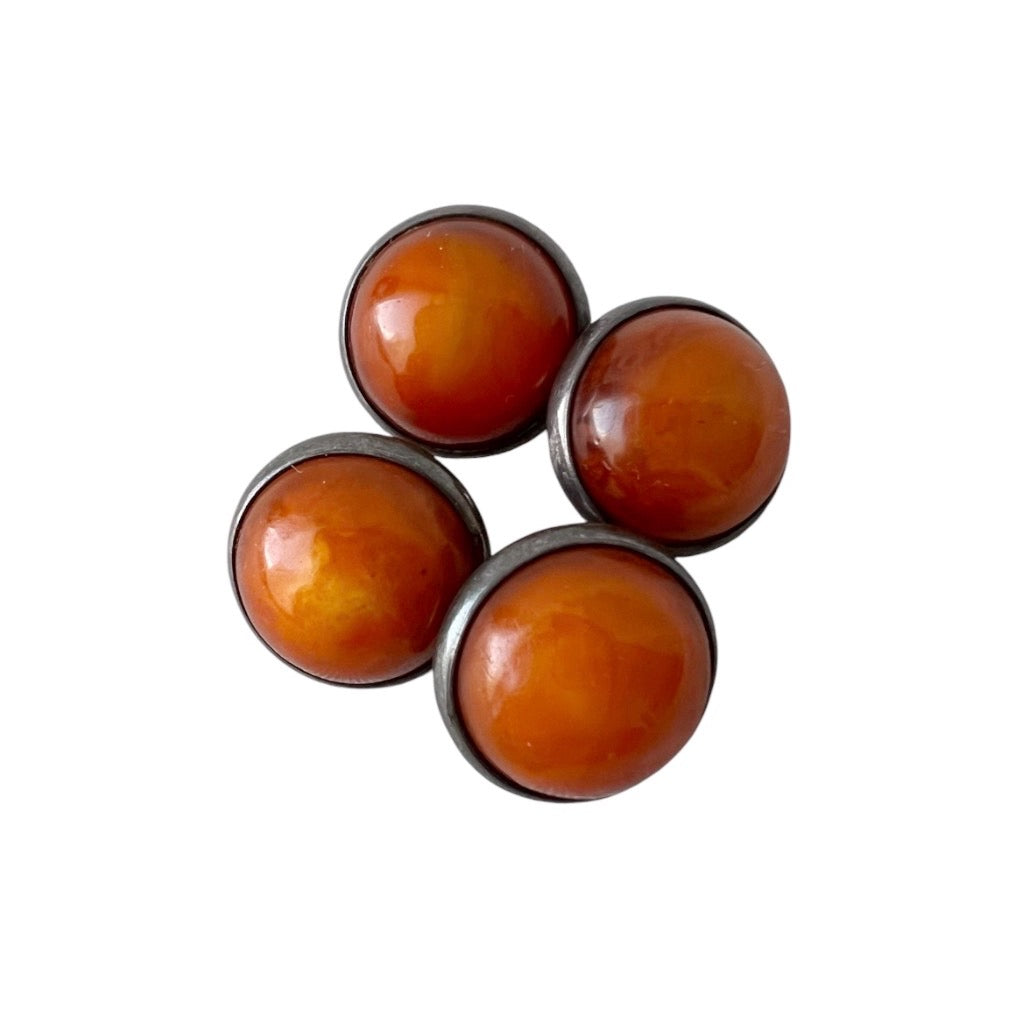 Vintage Amber Sterling Silver Cufflinks, Round Cognac Amber Cabochons