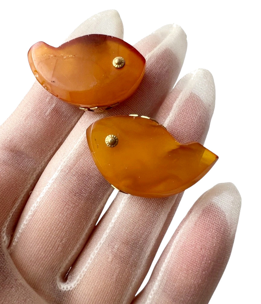 Vintage Soviet Baltic Amber Fish Cufflinks, Kaliningrad Amber Combine USSR, 1960s, Gold-Plated Brass