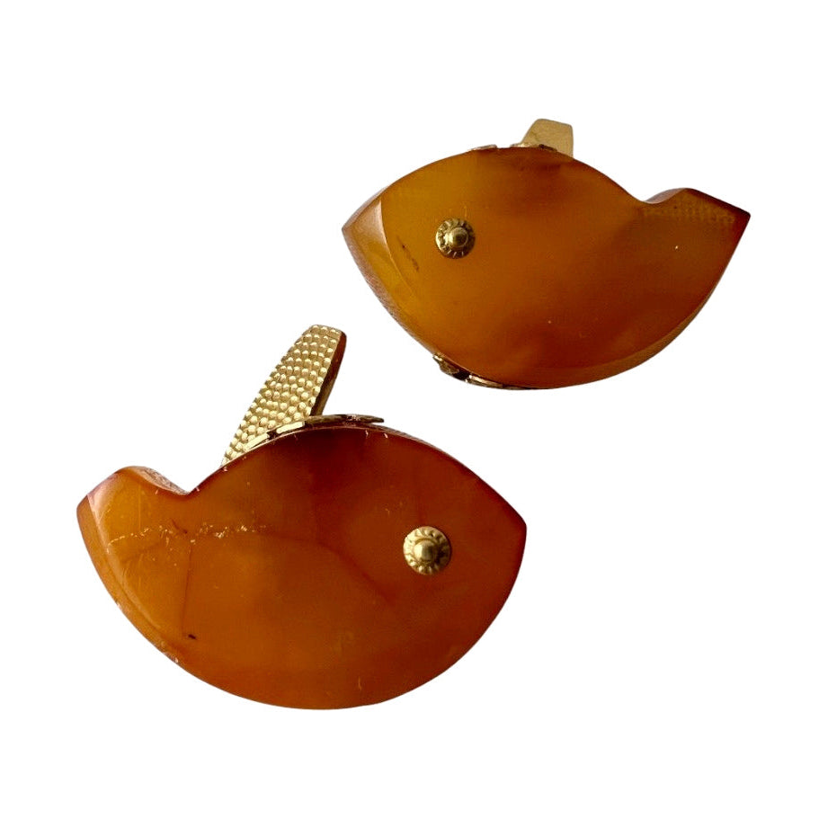 Vintage Soviet Baltic Amber Fish Cufflinks, Kaliningrad Amber Combine USSR, 1960s, Gold-Plated Brass