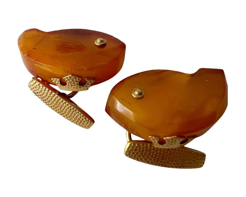 Vintage Soviet Baltic Amber Fish Cufflinks, Kaliningrad Amber Combine USSR, 1960s, Gold-Plated Brass