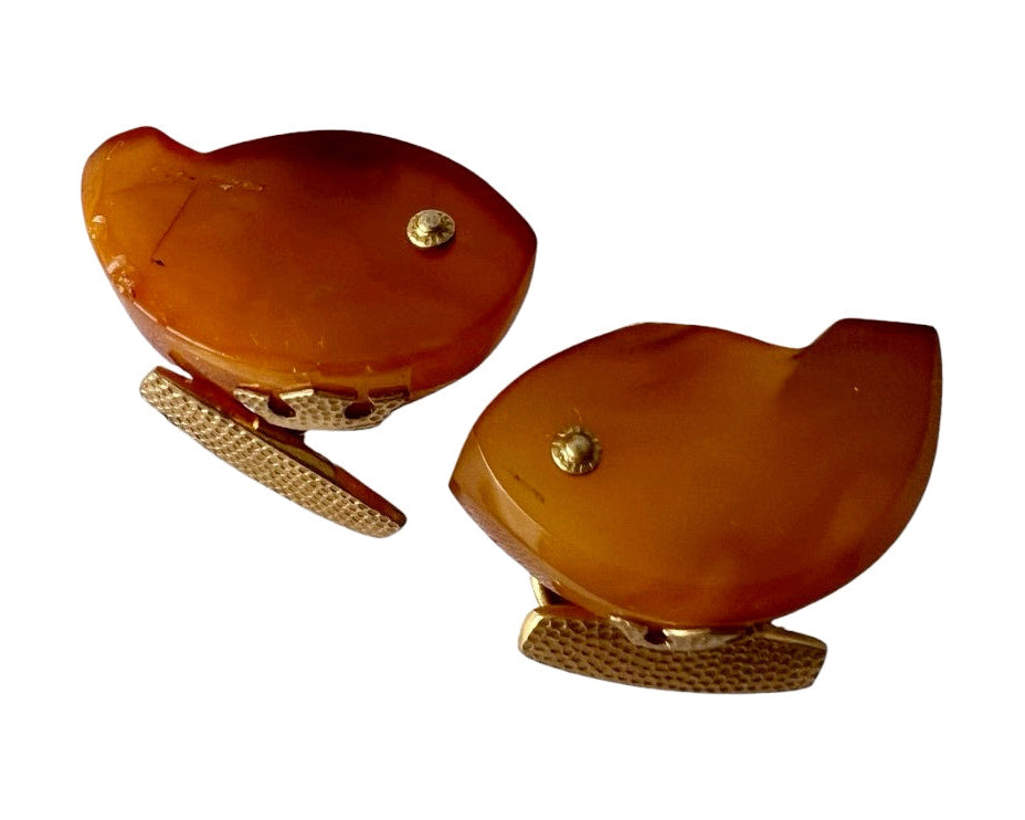 Vintage Soviet Baltic Amber Fish Cufflinks, Kaliningrad Amber Combine USSR, 1960s, Gold-Plated Brass