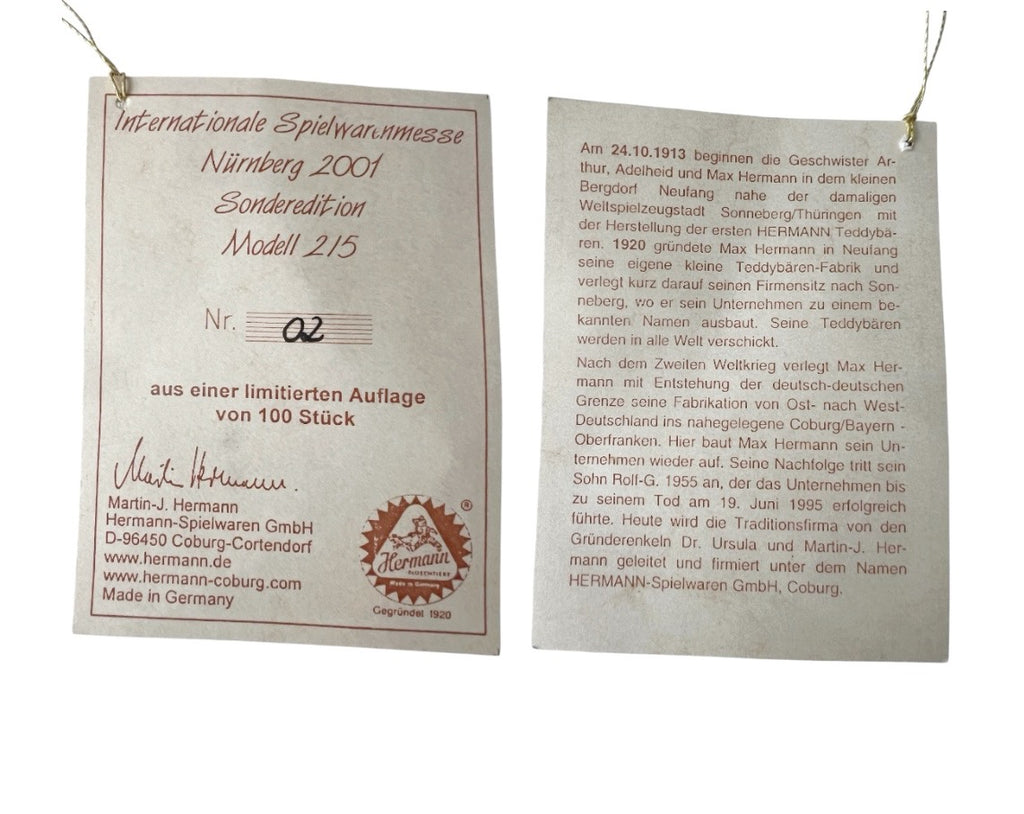 Hermann Collector Teddy Bear Nürnberg 2001 Limited Edition 02/100