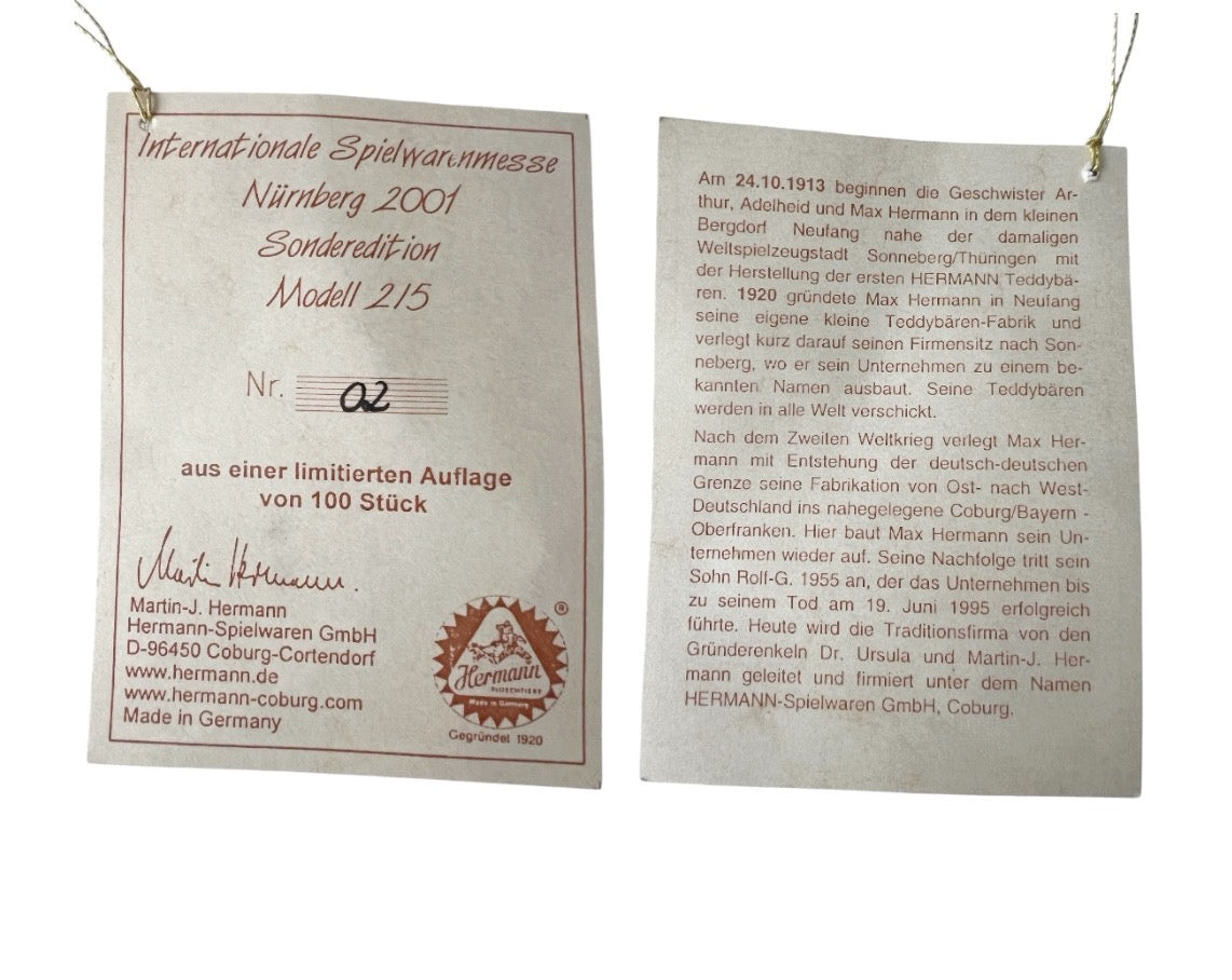 Hermann Collector Teddy Bear Nürnberg 2001 Limited Edition 02/100