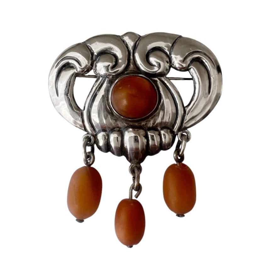 Antique Scandinavian 830S Silver Skønvirke Brooch with Orange Cabochon and Dangles