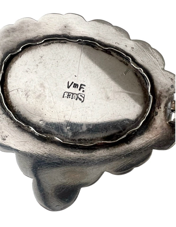William Fuglede Danish 830S Silver Skønvirke Brooch with Green Cabochon