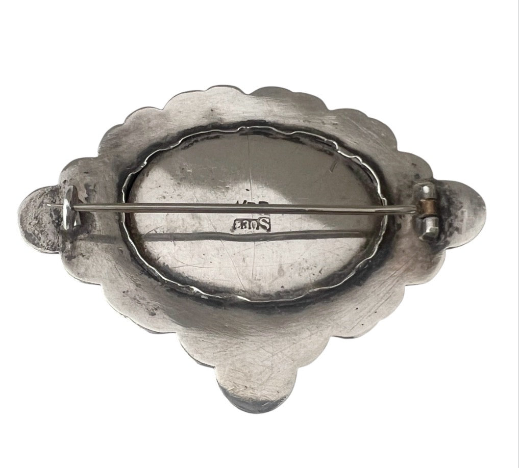 William Fuglede Danish 830S Silver Skønvirke Brooch with Green Cabochon