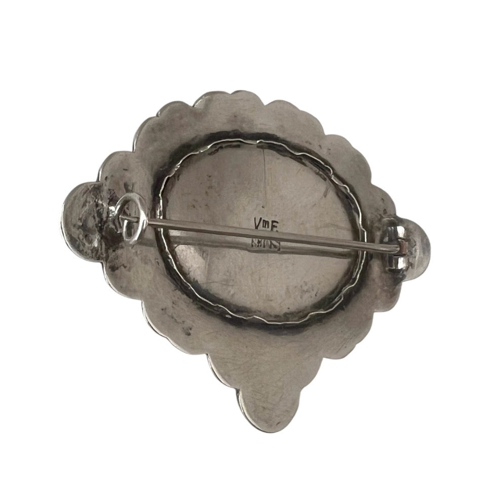 William Fuglede Danish 830S Silver Skønvirke Brooch with Green Cabochon