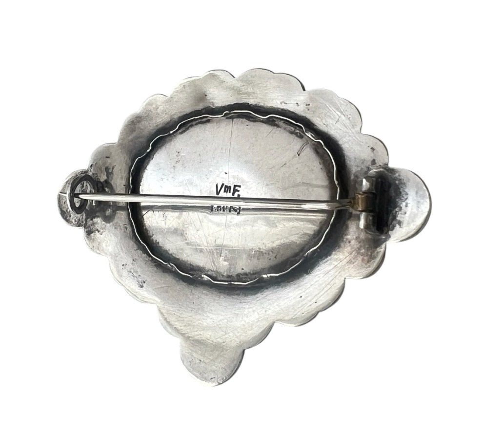 William Fuglede Danish 830S Silver Skønvirke Brooch with Green Cabochon