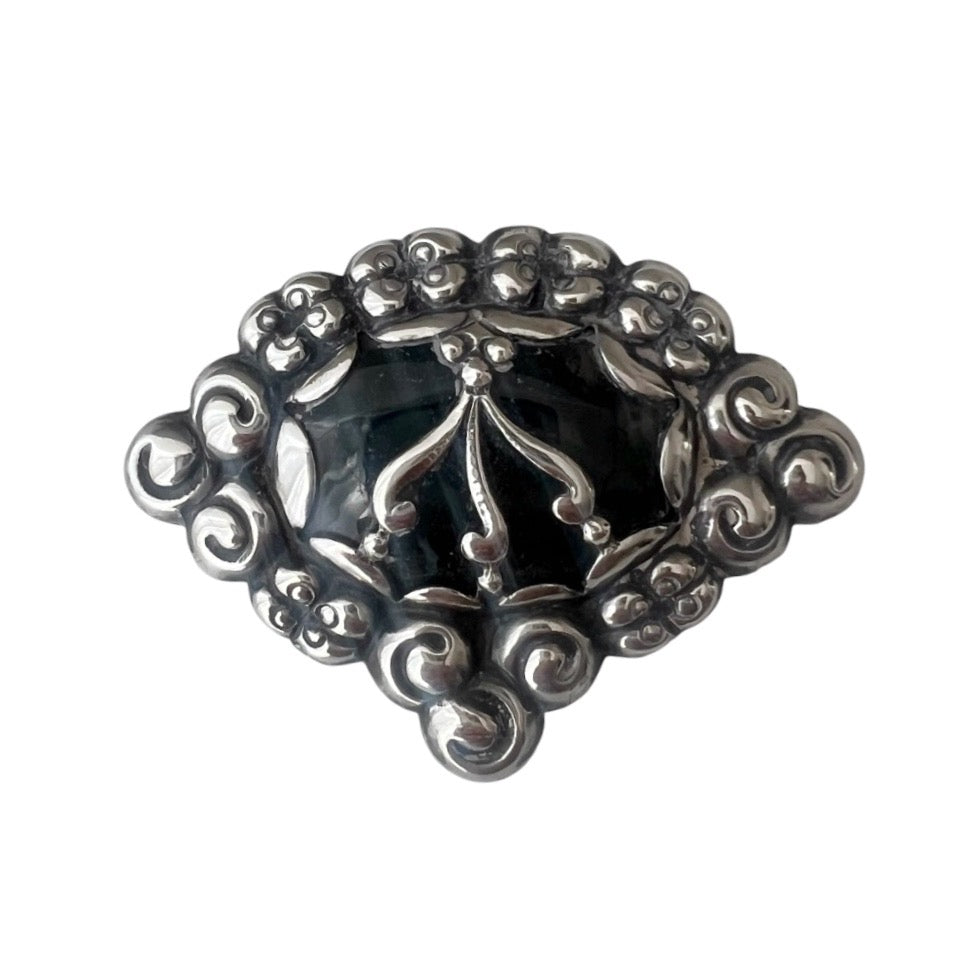 William Fuglede Danish 830S Silver Skønvirke Brooch with Green Cabochon