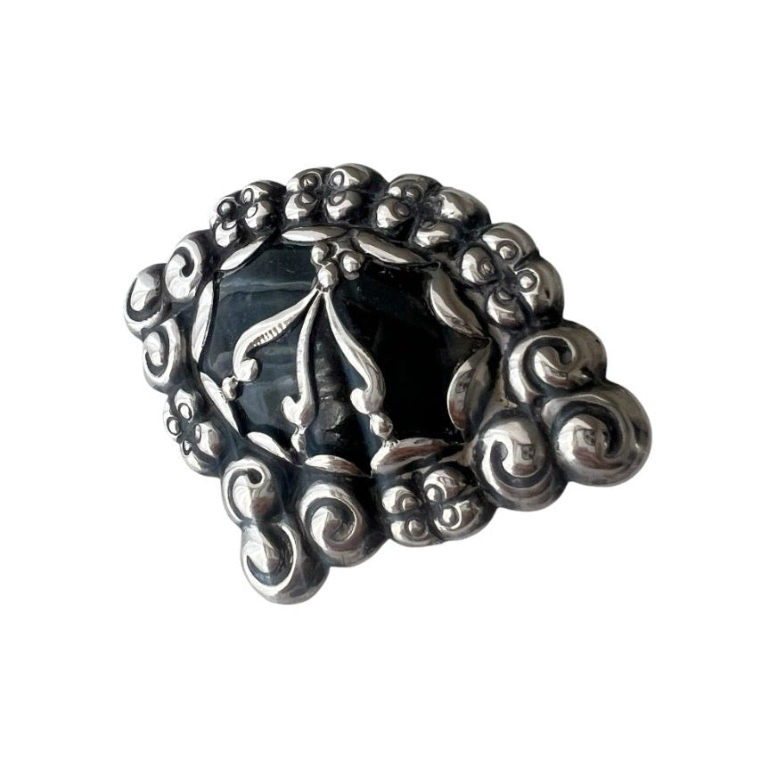 William Fuglede Danish 830S Silver Skønvirke Brooch with Green Cabochon