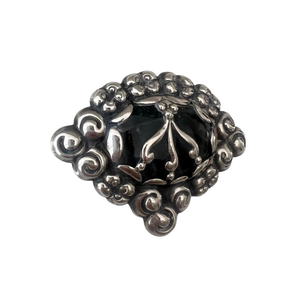 William Fuglede Danish 830S Silver Skønvirke Brooch with Green Cabochon