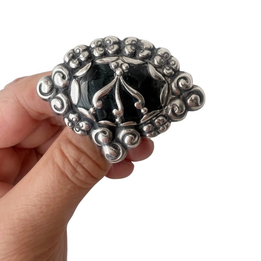 William Fuglede Danish 830S Silver Skønvirke Brooch with Green Cabochon