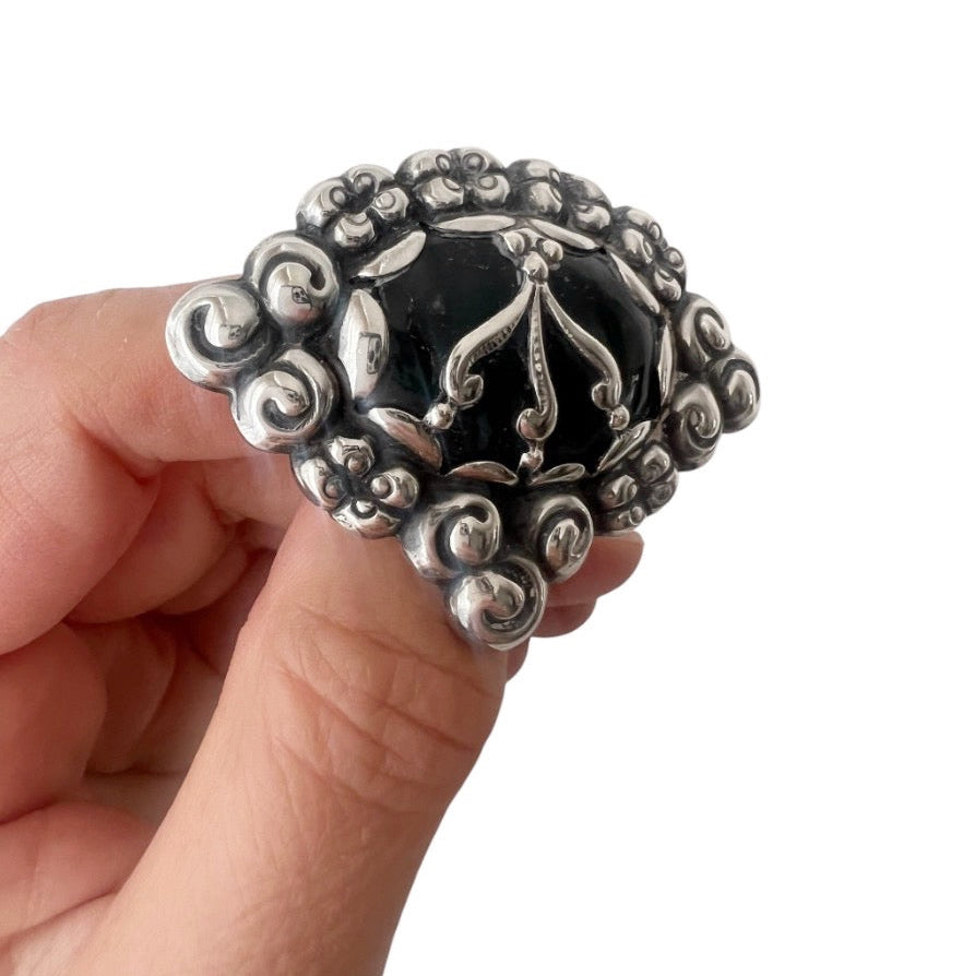 William Fuglede Danish 830S Silver Skønvirke Brooch with Green Cabochon