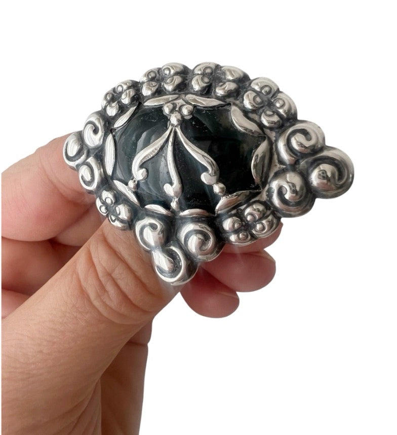William Fuglede Danish 830S Silver Skønvirke Brooch with Green Cabochon