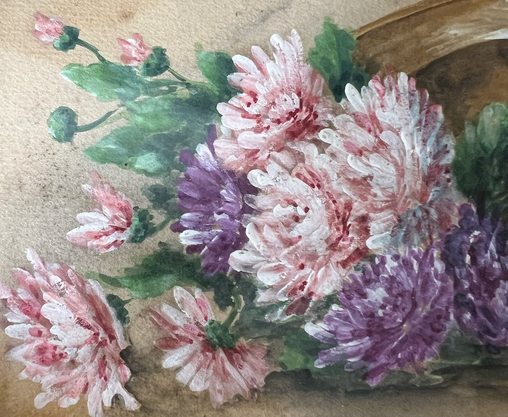 Antique French Floral Painting c1890 Signed Chrysanthemums Belle Epoque Oval Frame