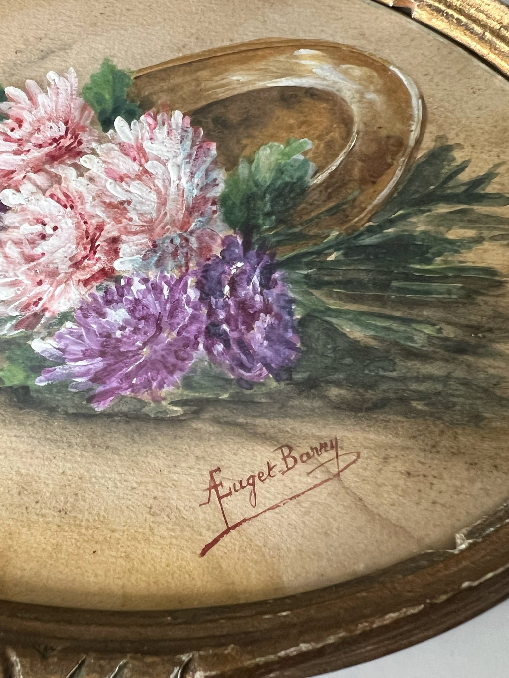 Antique French Floral Painting c1890 Signed Chrysanthemums Belle Epoque Oval Frame