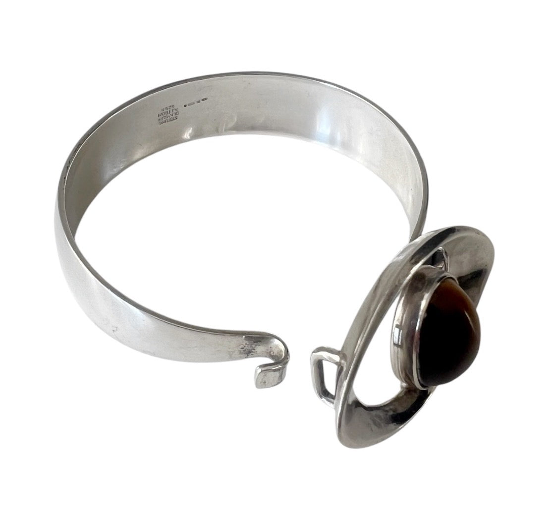 Vintage Scandinavian Modernist Niels Erik From Sterling Silver Tiger Eye Cabochon Cuff