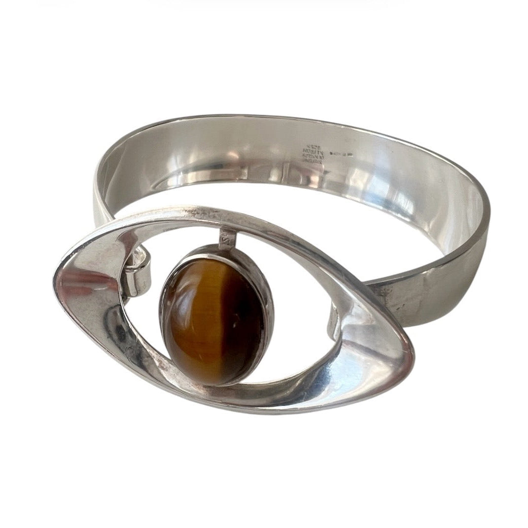 Vintage Scandinavian Modernist Niels Erik From Sterling Silver Tiger Eye Cabochon Cuff