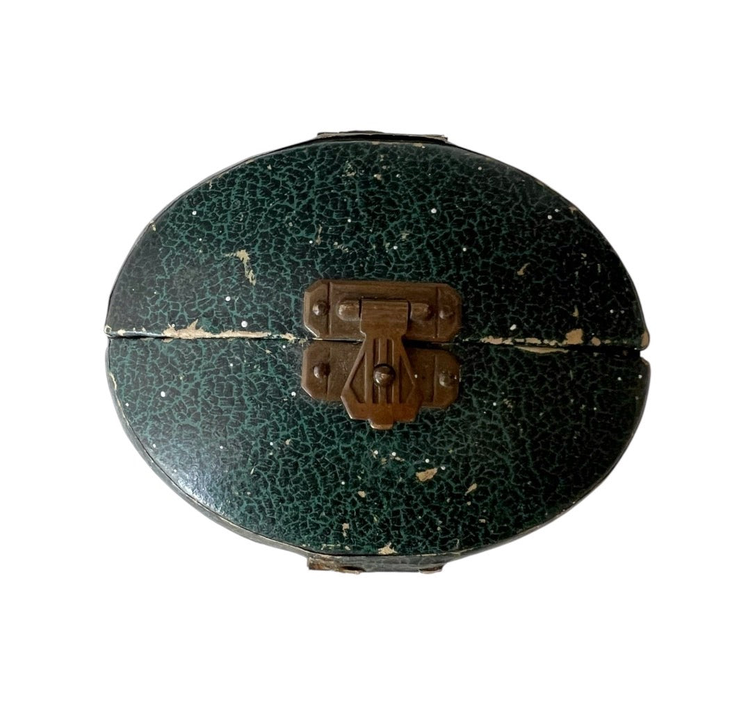 Antique Green Leather Jewelry Presentation Case Small Folding Box Victorian Edwardian