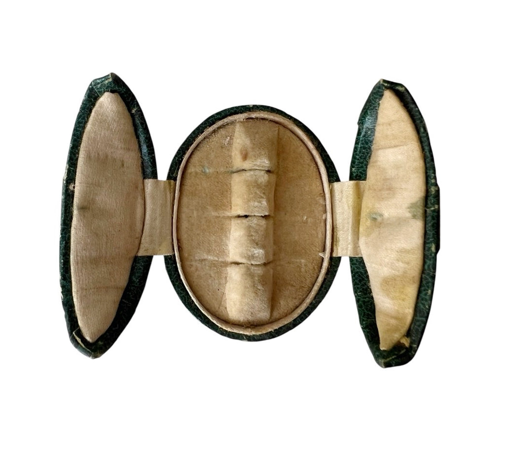 Antique Green Leather Jewelry Presentation Case Small Folding Box Victorian Edwardian