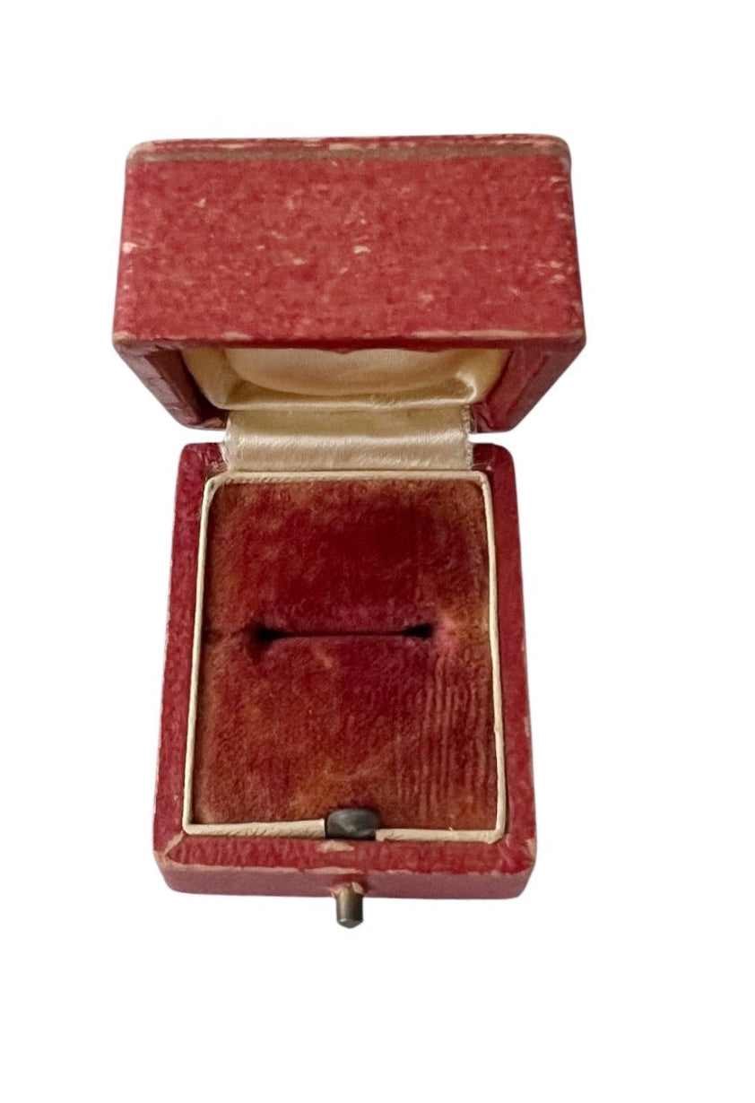 Antique Red Ring Box Velvet Lined Square Jewellery Case