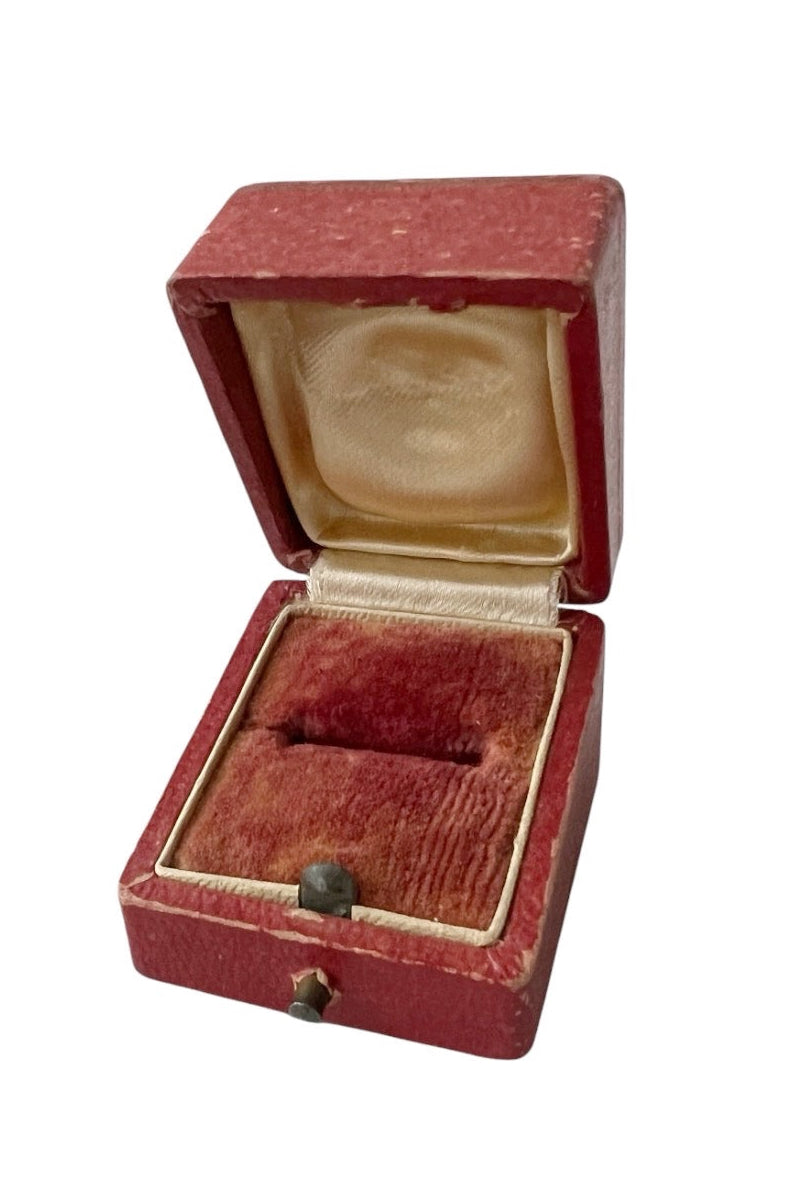 Antique Red Ring Box Velvet Lined Square Jewellery Case