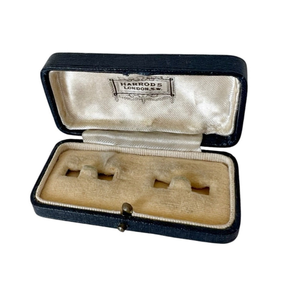 Antique Harrods London Cufflink Box Black Leather Jewellery Case Double