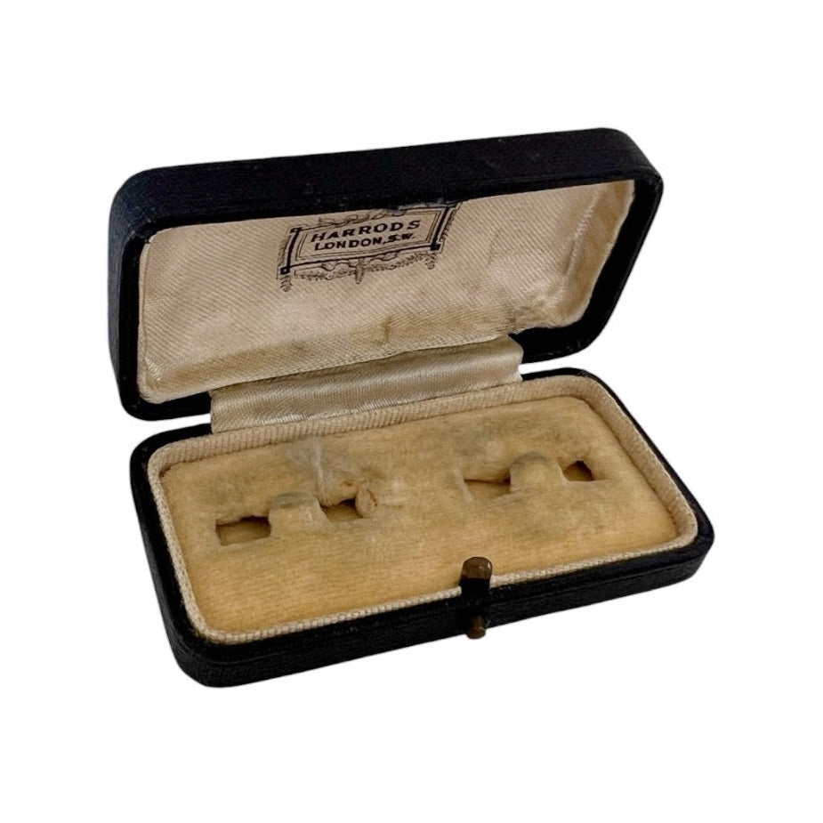 Antique Harrods London Cufflink Box Black Leather Jewellery Case Double