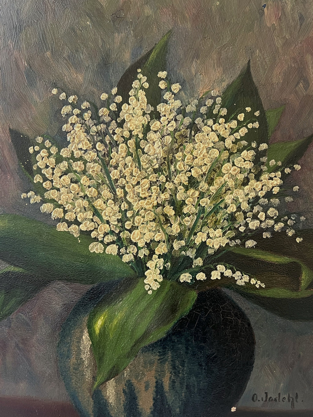 Antique Oval Oil Painting Lily of the Valley Still Life Signed