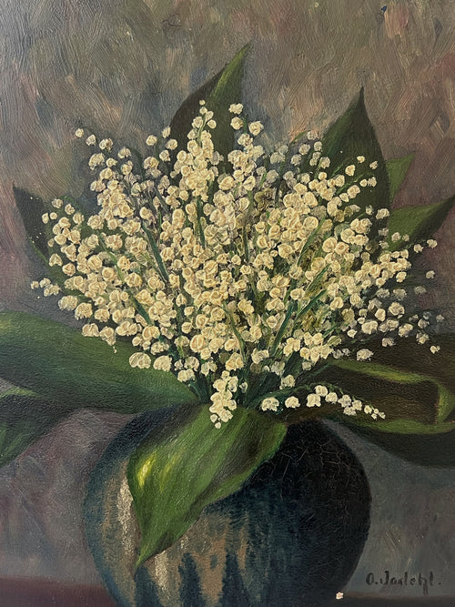 Antique Oval Oil Painting Lily of the Valley Still Life Signed