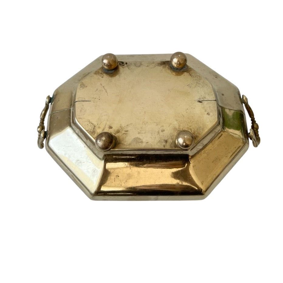 Vintage Brass Jardiniere Planter, Octagonal Cache Pot with Handles and Ball Feet