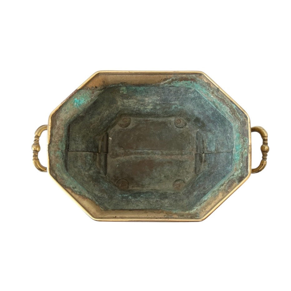 Vintage Brass Jardiniere Planter, Octagonal Cache Pot with Handles and Ball Feet
