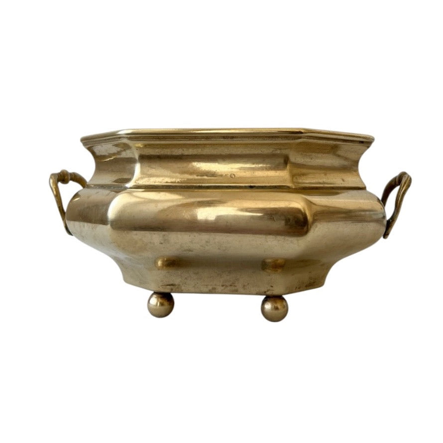 Vintage Brass Jardiniere Planter, Octagonal Cache Pot with Handles and Ball Feet
