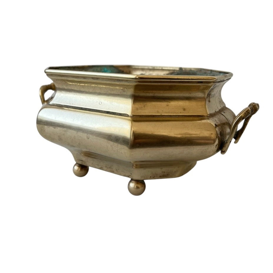 Vintage Brass Jardiniere Planter, Octagonal Cache Pot with Handles and Ball Feet